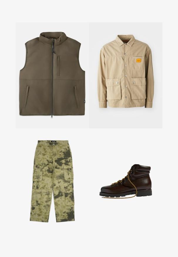 Chaleco marrón sin mangas, acolchado, con cremallera frontal, dos bolsillos inferiores y un bolsillo vertical en el pecho, exhibido plano sobre un fondo blanco.; Replay Inc. SHIRT - Camisa - khaki; Pantalones cargo con un patrón de camuflaje, que presentan múltiples bolsillos laterales, fabricados con un tejido duradero, en tonos de verde y marrón.; Botas de senderismo de cuero marrón con punta redondeada, superficie texturizada, cordones amarillos y ojales de metal. Cuentan con una suela de goma negra resistente.