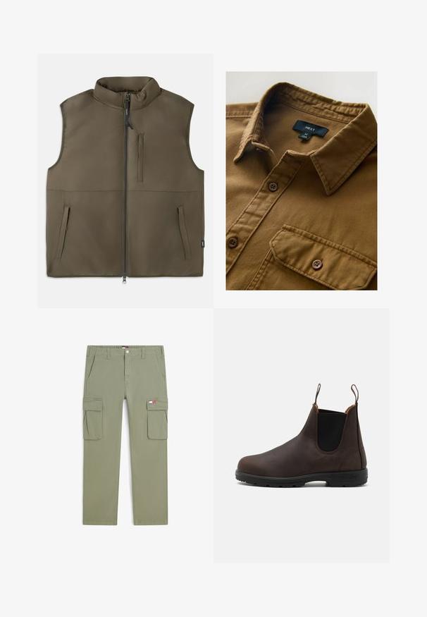 Mouwloos bruin gewatteerd vest met rits aan de voorkant, twee lagere zakken en één verticale borstzak, plat getoond op een witte achtergrond.; Bruine button-up shirt van een gestructureerde stof, met een kraag, een borstzak en twee bruine knopen. Merkenlabel zichtbaar binnenin de kraag.; Licht olijfgroene cargobroek met voorflapzakken, riemlussen en een Tommy Jeans-logopatch op de rechterzak.; Bruine leren enkelboot met elastische zijpanelen en lusjes, voorzien van een gestructureerde oppervlakte en een duurzame zwarte rubberen zool.