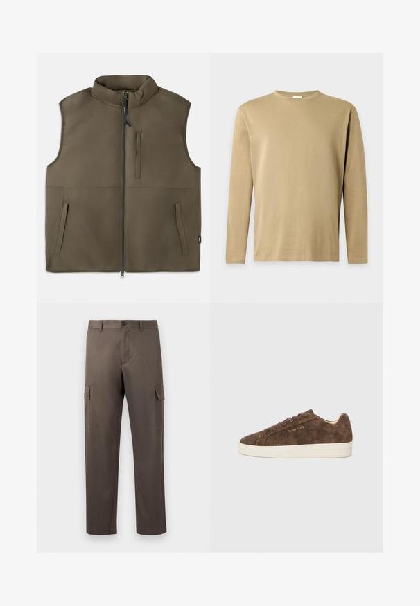 Chaleco marrón sin mangas, acolchado, con cremallera frontal, dos bolsillos inferiores y un bolsillo vertical en el pecho, exhibido plano sobre un fondo blanco.; Camiseta beige de manga larga con cuello redondo y un diseño simple y liso sobre un fondo gris claro.; Pantalones cargo en un color marrón apagado, hechos de tela de algodón suave, con bolsillos laterales y diseño de pierna recta.; Zapatillas de ante marrón con un perfil bajo, punta redondeada y suela de goma blanca. Presenta cordones oscuros y un sutil logotipo en el lateral.