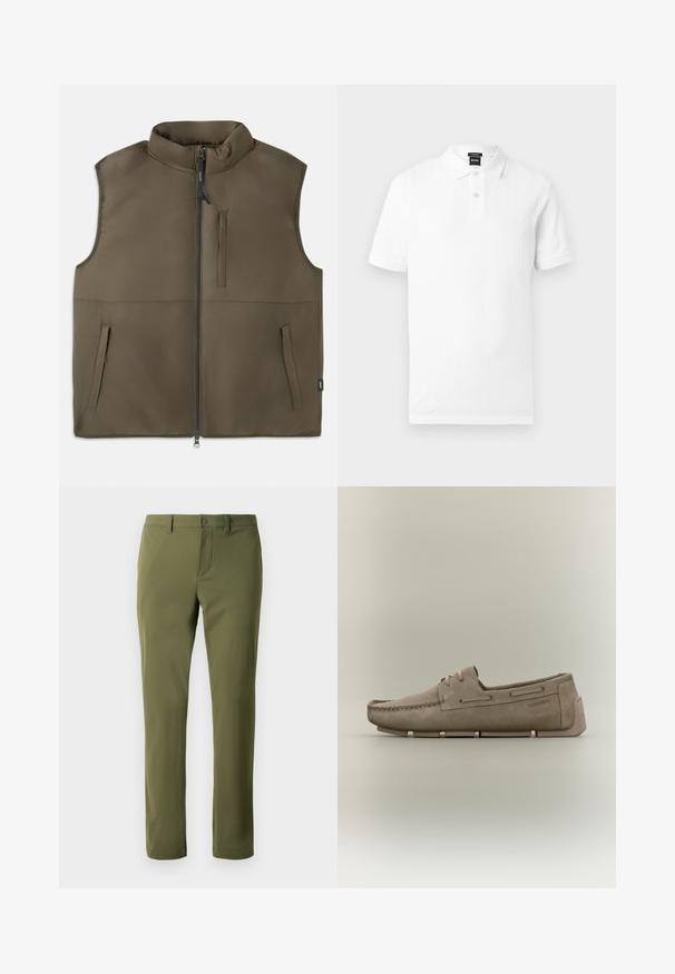 Mouwloos bruin gewatteerd vest met rits aan de voorkant, twee lagere zakken en één verticale borstzak, plat getoond op een witte achtergrond.; Wit poloshirt met korte mouwen, voorzien van een knoopsluiting met twee knopen en een subtiele verticale geribbelde structuur, plat liggend op een lichte achtergrond.; Olijfgroene broek van gladde stof met een rechte snit, voorzien van een knoopsluiting en riemlussen. Geen zichtbare patronen of accenten.; Beige suède loafer met moc-toe stiksel, veterdetail, gesegmenteerde zool en Calvin Klein-logo op de zijkant en hielbandje.