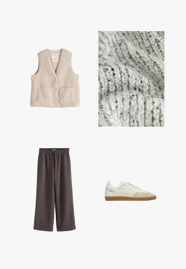 Gilet en polaire beige clair, avec un col en V, trois boutons et deux poches avant. Texture douce avec un design cosy et isolant.; Pull en maille épaisse de couleur gris clair, avec un fil texturé épais. Parsemé de petites paillettes brillantes en or, bleu marine et argent.; Pantalon marron à jambes larges avec taille élastique et cordon, doté de poches latérales et d'une texture de tissu lisse.; Baskets blanches avec des accents en suède beige, semelle en caoutchouc et logo prominent. Présente des panneaux texturés et des lacets plats. Design de bout renforcé.