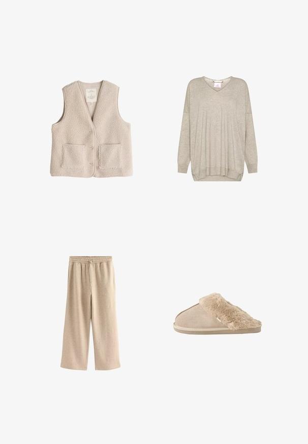 Fleece-Weste in hellem Beige, mit V-Ausschnitt, drei Knöpfen und zwei Fronttaschen. Weiche Textur mit einem kuscheligen, isolierenden Design.; Hellbeiger langärmliger Strickpullover mit V-Ausschnitt und gerippten Bündchen und Saum, mit leicht lockerem Sitz und eingesetzten Schulternähten.; Cremefarbene Schlaghosen aus einem weichen Baumwollmix. Sie verfügen über einen elastischen Bund mit Kordelzug und einer dezenten gesprenkelten Textur.; Beiger Schlupfhausschuh mit weichem Wildleder außen und einem flauschigen, weichen Innenfutter und Bündchen, entwickelt für Komfort im Innenbereich.