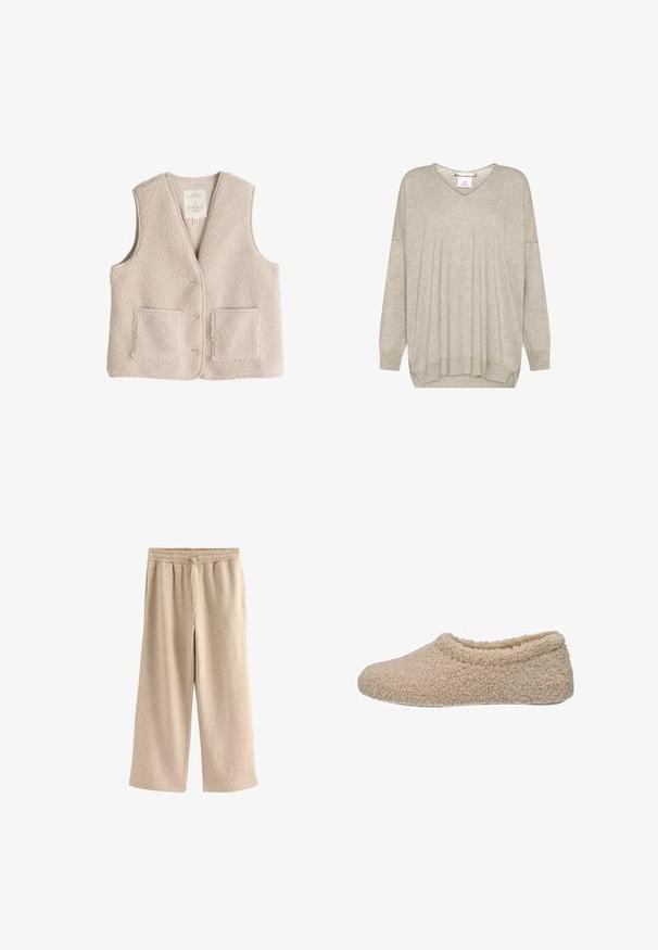 Fleece vest in lichtbeige, met een v-hals, drie knopen en twee voorkruiken. Zachte textuur met een gezellige, isolerende uitstraling.; Lichtbeige lange mouw gebreide trui met V-hals en geribde boorden en zoom, met een licht losse pasvorm en aflopende schoudernaden.; Crème-kleurige wijde broek gemaakt van een zachte katoenmix. Heeft een elastische tailleband met trekkoord en een subtiele gespikkelde textuur.; Beige pantoffel met een zachte, fluffy textuur en een afgeronde vorm. Gesloten achterkant en open voorkant ontwerp, met een lage uitsnede rond de enkel.
