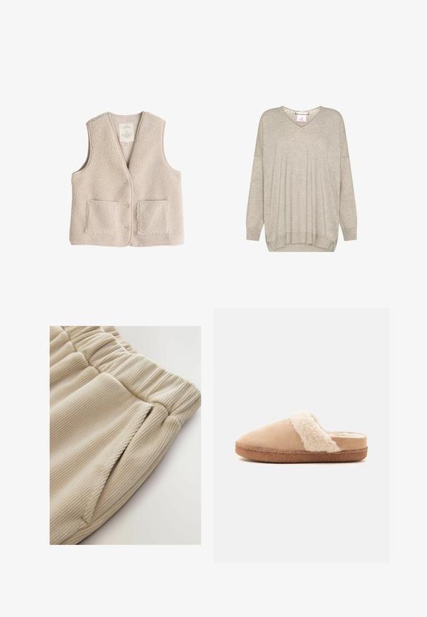Fleecevest i lys beige, med v-udskæring, tre knapper og to forlommer. Blød tekstur med et hyggeligt, isolerende design.; Lysebeige langærmet striktrøje med V-udskæring og ribkanter ved ærmer og bund, med en let løs pasform og faldende skuldersømme.; Beige ribbede stofshorts med elastisk talje og sidelommer, med en blød tekstur og et afslappet fit design.; Beige slip-on tøfler med blød, fluffy hvid foring og brun gummisål vist fra siden på en ensfarvet baggrund.
