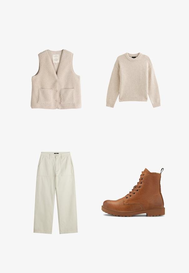 Gilet en polaire beige clair, avec un col en V, trois boutons et deux poches avant. Texture douce avec un design cosy et isolant.; Pull en tricot beige à col rond, à manches longues et avec un ourlet côtelé. Tissu texturé au toucher doux. Design simple et polyvalent.; Pantalons larges de couleur crème en tissu texturé. Présente deux poches avant et une fermeture à bouton. Coupe droite à l'ourlet.; Bottines en cuir marron avec une finition texturée, bout rond, six œillets et une languette à l'arrière. Semelle en caoutchouc robuste avec adhérence.