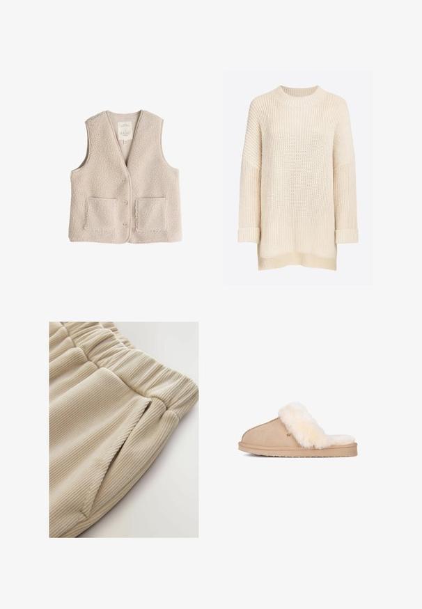 Fleece vest in lichtbeige, met een v-hals, drie knopen en twee voorkruiken. Zachte textuur met een gezellige, isolerende uitstraling.; Ivan crèmekleurige gebreide trui met een geribbelde ronde hals, verlaagde schouders, lange mouwen en opgerolde manchetten. Zachte, gestructureerde gebreide stof.; Beige geribbelde stof shorts met een elastische tailleband en zijzakken, met een zachte textuur en een ontspannen pasvorm.; Beige instapslof met dikke, pluizige witte bontvoering en een platte zool, zijaanzicht op een witte achtergrond.