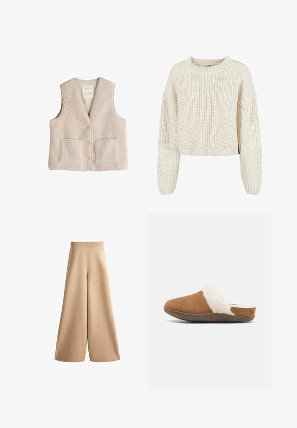 Fleece-Weste in hellem Beige, mit V-Ausschnitt, drei Knöpfen und zwei Fronttaschen. Weiche Textur mit einem kuscheligen, isolierenden Design.; Dicker Strickpullover in Creme mit Rundhalsausschnitt, weiten Ärmeln, gerippten Bündchen und einem strukturierten Muster. Verkürzter Schnitt.; Weite Strickhosen in Beige mit elastischem Bund und Seitennähten, verkürzter Länge und weichem, strukturiertem Stoff.; Braune Wildleder-Slipper mit einem weißen, flauschigen Innenfutter und einer strukturierten Sohle. Verfügt über eine gestickte Kante und ein kleines Logo-Detail an der Ferse.