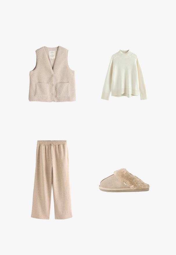 Fleece-Weste in hellem Beige, mit V-Ausschnitt, drei Knöpfen und zwei Fronttaschen. Weiche Textur mit einem kuscheligen, isolierenden Design.; Cremfarbener Pullover mit einem gerippten Stehkragen, langen Ärmeln und lockerer Passform. Strukturiertes Strickmaterial und gerippte Saumdetails am unteren Rand.; Beige Hose mit weitem Bein, elastischem Bund und Kordelzug, aus einem weichen, gesprenkelten Stoff.; Beiger Schlupfhausschuh mit weichem Wildleder außen und einem flauschigen, weichen Innenfutter und Bündchen, entwickelt für Komfort im Innenbereich.