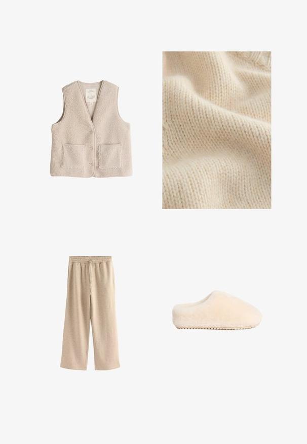 Fleecevest i lys beige, med v-udskæring, tre knapper og to forlommer. Blød tekstur med et hyggeligt, isolerende design.; Cremefarvet strikket stof med en tekstureret, blød overflade og synlige søm mønster samt let variation i tykkelsen.; Cremefarvede breddebenede bukser lavet af blødt bomuldsblandingsstof. Har en elastisk talje med snor og en subtil plettet tekstur.; Beige, bløde, fuzzy tøfler med en solid flad sål og rund tå, der har et sømløst design og en blød tekstur.