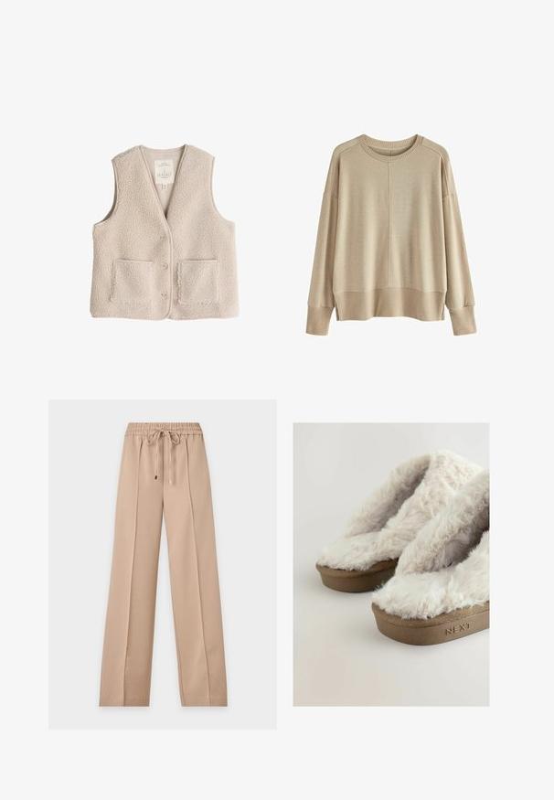 Fleece-Weste in hellem Beige, mit V-Ausschnitt, drei Knöpfen und zwei Fronttaschen. Weiche Textur mit einem kuscheligen, isolierenden Design.; Beige gestrickter Pullover mit lockerer Passform, gerippten Bündchen und Saum, Rundhalsausschnitt und überschnittenen Schultern. Weicher Stoff mit minimalen Nähten.; Beige Hose mit elastischem Bund und Kordelzug, geradem Bein, vorderen Bügelfalten und Metallenden an den Zugbändern.; Braune Plattform-Slipper mit weichem, flauschigem cremefarbenem Kunstfell-Obermaterial, auf der Seite der Sohle ist der Markenname "NEXT" eingestanzt.