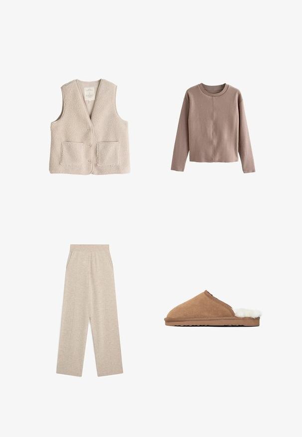 Fleece-Weste in hellem Beige, mit V-Ausschnitt, drei Knöpfen und zwei Fronttaschen. Weiche Textur mit einem kuscheligen, isolierenden Design.; Hellbrauner, gekürzter Pullover aus weichem Stoff, mit einem runden Rippkragen und langen Ärmeln, die eine glatte Textur und minimale Nähte aufweisen.; Beige Strickhose mit weitem Bein, elastischem Bund und seitlichen Taschen, mit vertikalen Nahtdetails an der Vorderseite jedes Beins.; Braune Wildlederschuhe mit weichem, weißem Fellfutter, abgerundeter Zehenpartie, strukturiertem Obermaterial und einer flachen Gummisohle mit Zickzackmuster.