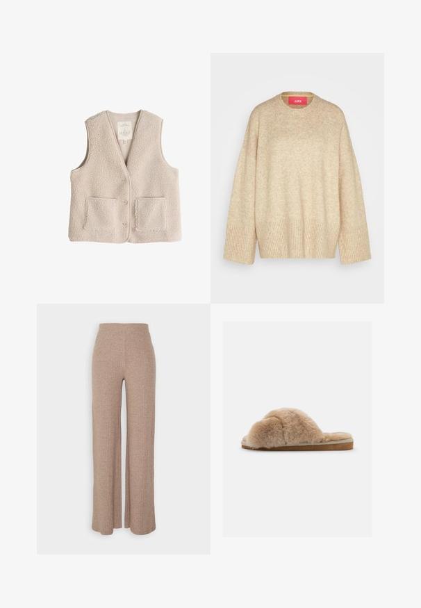 Fleece-Weste in hellem Beige, mit V-Ausschnitt, drei Knöpfen und zwei Fronttaschen. Weiche Textur mit einem kuscheligen, isolierenden Design.; Beige oversize Pullover mit rundem Halsausschnitt, gerippten Bündchen und Saum, aus weichem, strukturiertem Material gefertigt. Verfügt über ein leuchtend rotes Etikett.; Beige, gerippte, weit geschnittene Hose mit hohem Bund und weicher Textur, die eine lockere Passform und keine sichtbaren Verschlüsse hat.; Flauschiger beiger Hausschuh mit weicher Textur, offener Ferse und Innenfutter. Flache Sohle mit einem hellbraunen Fußbett und beigen Nähten.
