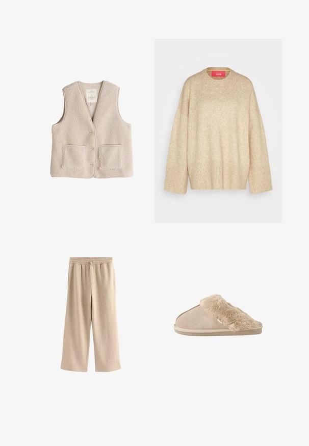 Fleece-vest i lys beige, med v-hals, tre knapper og to frontlommer. Myk tekstur med et koselig, isolerende design.; Vaaleanbeige ylisuuri neulepusero, jossa on pyöreä pääntie, ribbireunukset hihoissa ja helmassa, valmistettu pehmeästä, teksturoidusta materiaalista. Varustettu kirkkaalla punaisella tarralla.; Kermanväriset leveälahkeiset housut, jotka on valmistettu pehmeästä puuvillasekoitekankaasta. Niissä on joustava vyötärö, jossa on naru ja hienovarainen täpläkuvio.; Beigen värinen liukusisätossu, jossa pehmeä nahkapintainen ulkopinta ja pehmeä, pörröinen vuori ja kalvosin, suunniteltu sisätilojen mukavuutta varten.