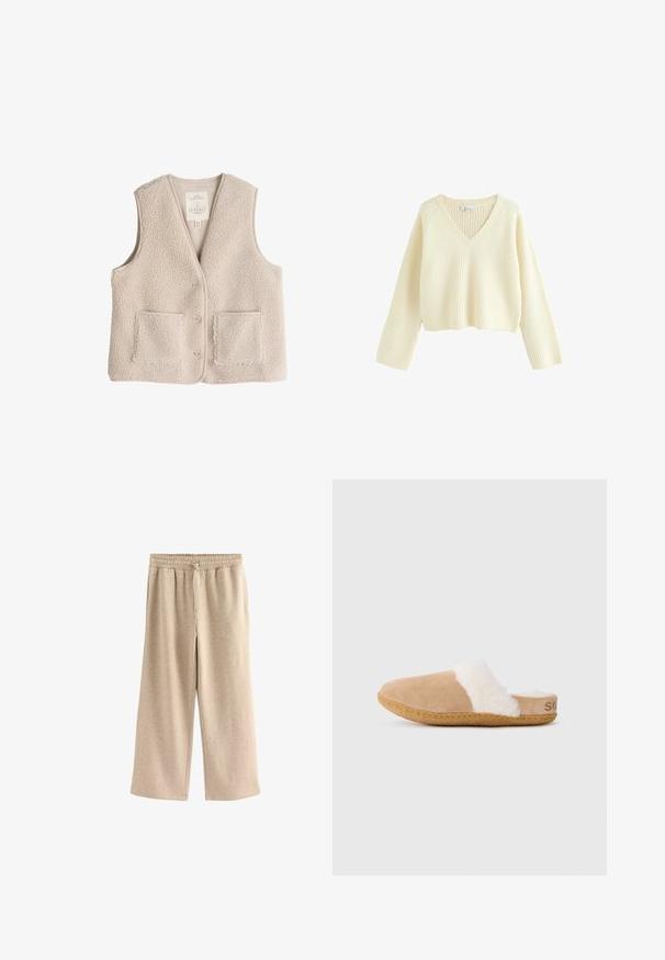 Chaleco de forro polar en beige claro, con escote en V, tres botones y dos bolsillos frontales. Textura suave con un diseño acogedor y aislante.; Suéter corto de color crema con textura de canalé, escote en V y mangas largas. Presenta un corte holgado y un diseño sencillo.; Pantalones de pierna ancha color crema, hechos de una suave mezcla de algodón. Presentan una cintura elástica con cordón y una sutil textura moteada.; Zapatilla deslizante de ante marrón con forro blanco esponjoso y suela de goma, mostrada de perfil lateral sobre fondo blanco.