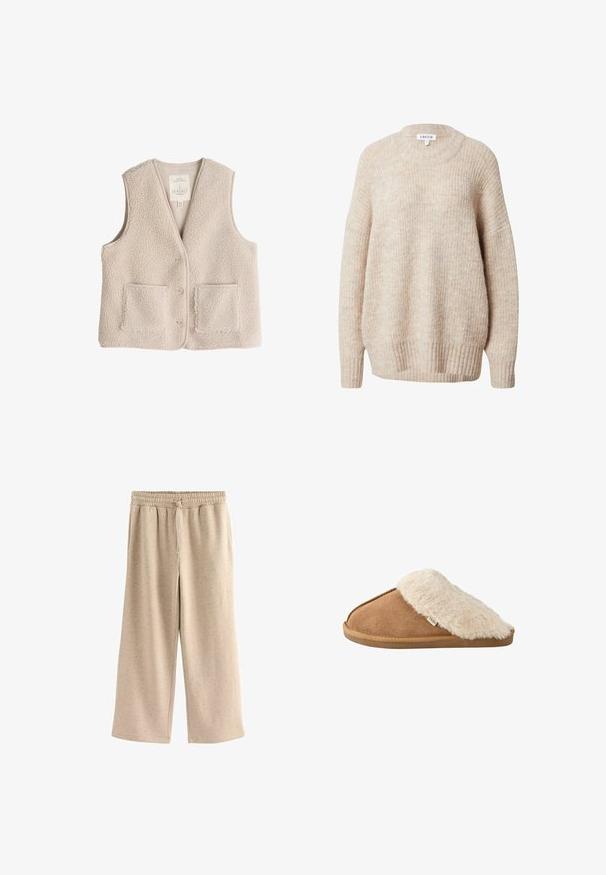 Fleece vest in lichtbeige, met een v-hals, drie knopen en twee voorkruiken. Zachte textuur met een gezellige, isolerende uitstraling.; Beige gebreide trui met een ronde hals, verlaagde schouders en geribbelde manchetten en zoom. Heeft een gestructureerde, licht losse pasvorm.; Beige wijde broek gemaakt van zachte stof, met een elastische tailleband met een trekkoord en een subtiele gespikkelde textuur.; Bruine instapslipper met zachte beige nep bont voering en zool, zijkant gezien op witte achtergrond.