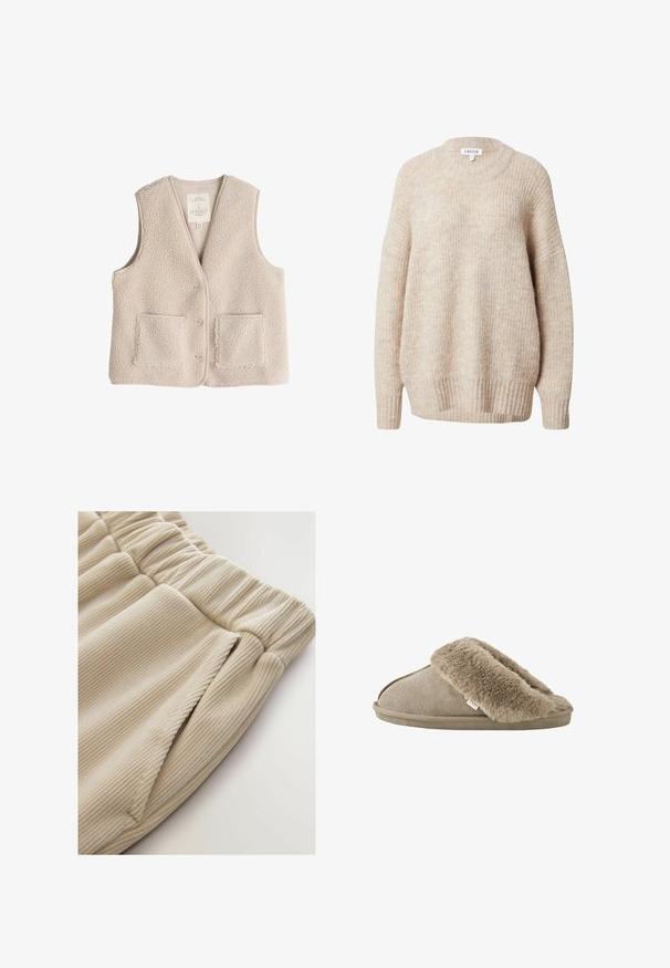 Fleece-Weste in hellem Beige, mit V-Ausschnitt, drei Knöpfen und zwei Fronttaschen. Weiche Textur mit einem kuscheligen, isolierenden Design.; Beige gestrickter Pullover mit rundem Halsausschnitt, überschnittenen Schultern sowie gerippten Bündchen und Saum. Merkmale einen strukturierten, leicht lockeren Sitz.; Beige Rippenstoffshorts mit einem elastischen Bund und seitlichen Taschen, die eine weiche Textur und ein lockeres Design aufweisen.; Beiger Hausschuh zum Hineinschlüpfen mit weichem, plüschigem Fellbesatz rund um die Öffnung und einer aussenseitig velourslederähnlichen Sohle.