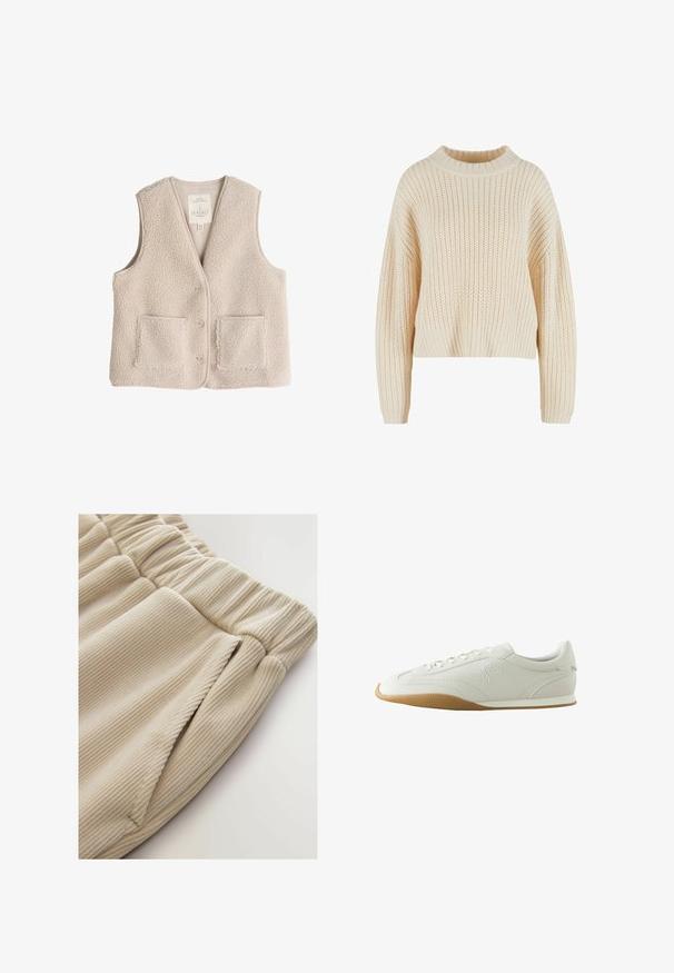 Fleece-Weste in hellem Beige, mit V-Ausschnitt, drei Knöpfen und zwei Fronttaschen. Weiche Textur mit einem kuscheligen, isolierenden Design.; Cremfarbener, gestrickter Pullover mit hohem, ribbeligem Kragen, weiten Ärmeln und einem strukturierten Muster. Kürzer geschnitten mit ribbeligem Saum.; Beige Rippstoff-Jogginghosen mit einem gerafften Bund und Seitentaschen, die eine weiche Textur und ein lässiges Design zeigen.; Weißer Sneaker mit brauner Gummisohle, Nahtdetails, Schnürung vorne und gesticktem Logo an der Seite.