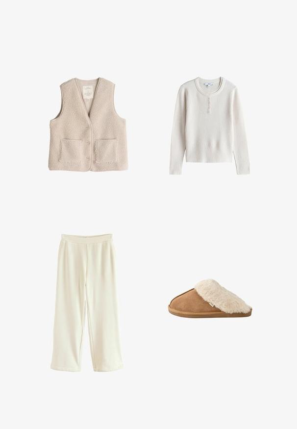 Fleece-Weste in hellem Beige, mit V-Ausschnitt, drei Knöpfen und zwei Fronttaschen. Weiche Textur mit einem kuscheligen, isolierenden Design.; Langärmeliger, cremefarbener, gerippter Strickpullover mit rundem Ausschnitt und fünf kleinen Knöpfen auf der vorderen Knopfleiste.; Cremfarbene weit geschnittene Hosen aus gerippetem Material mit einem elastischen Bund. Besitzt eine lockere Passform und einen geraden Schnitt.; Brauner pantoffel zum Hineinschlüpfen mit weichem beigem Kunstpelzfutter und -sohle, Seitenansicht auf weißem Hintergrund.