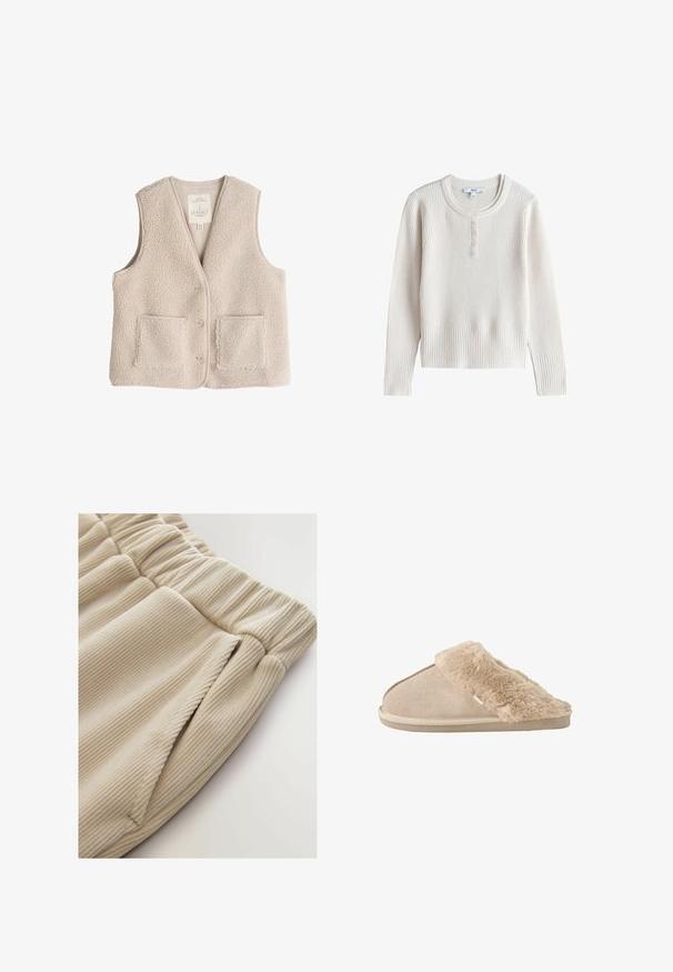 Fleece vest in lichtbeige, met een v-hals, drie knopen en twee voorkruiken. Zachte textuur met een gezellige, isolerende uitstraling.; Crèmekleurige geribde gebreide trui met lange mouwen, een ronde hals en vijf kleine knopen op de voorste knoopsluiting.; Beige geribbelde stof shorts met een elastische tailleband en zijzakken, met een zachte textuur en een ontspannen pasvorm.; Beige instappantoffel met zachte suède buitenkant en een zachte, pluizige voering en boord, ontworpen voor binnencomfort.