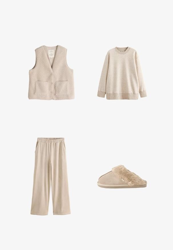 Chaleco de forro polar en beige claro, con escote en V, tres botones y dos bolsillos frontales. Textura suave con un diseño acogedor y aislante.; Sudadera de un beige claro con un aspecto texturizado. Presenta un cuello redondo acanalado, mangas largas y un dobladillo ligeramente recortado con un ajuste relajado.; Pantalones de pana beige de pierna ancha con cintura elástica y bolsillos laterales, mostrados planos sobre un fondo blanco.; Zapatilla beige sin cordones con exterior de ante suave y forro interior y borde mullidos y esponjosos, diseñada para la comodidad en interiores.