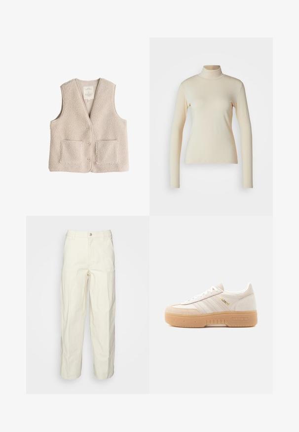 Fleece-vest i lys beige, med v-hals, tre knapper og to frontlommer. Myk tekstur med et koselig, isolerende design.; Kermanvärinen pitkähihaisen poolopaita, valmistettu sileästä ja joustavasta kankaasta; tiivis malli, jossa on korkea kaula ja ilman näkyviä kuvioita tai yksityiskohtia.; Vaaleanbeiget käyttöihousut rentoa istuvuutta, nappisulku ja etu taskut. Valmistettu kestävästä puuvillakankaasta.; Adidas Spezial -off-white-värinen nahkainen lenkkari, jossa on kuminen paksupohja, valkoiset raidat, kultainen logo ja mokkanahkainen kärkiosa, sivukuva valkoisella taustalla.