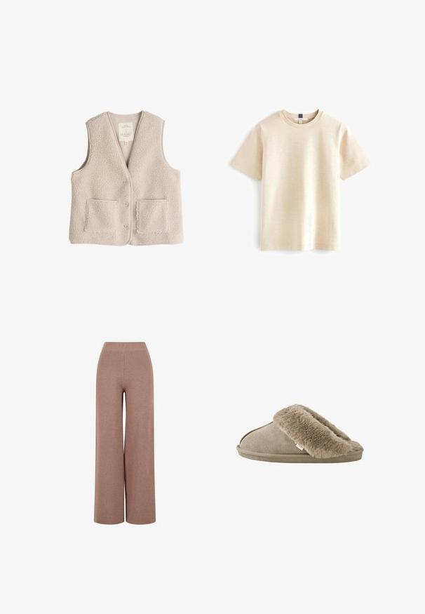 Fleece-Weste in hellem Beige, mit V-Ausschnitt, drei Knöpfen und zwei Fronttaschen. Weiche Textur mit einem kuscheligen, isolierenden Design.; Beige T-Shirt mit kurzen Ärmeln und Rundhalsausschnitt, aus weichem Stoff mit einer dezenten Textur und einer lockeren Passform. Keine sichtbaren Logos.; Braune, weit geschnittene Strickhose aus strukturiertem Stoff mit elastischem Bund und lockerer Passform für Komfort.; Beiger Hausschuh zum Hineinschlüpfen mit weichem, plüschigem Fellbesatz rund um die Öffnung und einer aussenseitig velourslederähnlichen Sohle.