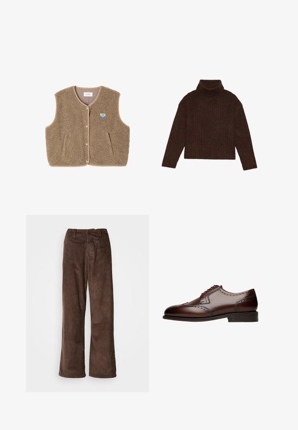 Brauner Fleece-Weste mit weicher Textur, runder Ausschnitt, vorderer Druckverschluss und Seitentaschen; verfügt über ein kleines Logo-Patch.; Brauner gerippter Rollkragensweater mit langen Ärmeln und einer kurzen Silhouette, der ein dickes, strukturiertes Strickdesign aufweist.; Braune Corduroy-Hosen mit weitem Bein, die vertikale Rippungen und einen Bund aufweisen. Der Stoff hat ein weiches, strukturiertes Aussehen.; Braune Leder-Dressschuhe mit Brogue-Details, runder Zehenform und fünf Ösen für die Schnürung, die auf einer flachen, strukturierten Laufsohle ruhen.