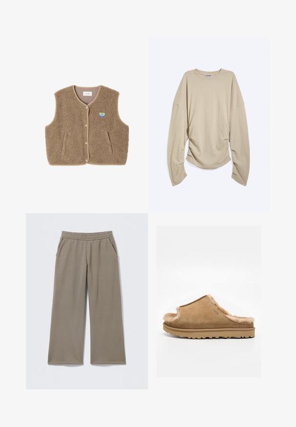 Chaleco de forro polar marrón con una textura suave, escote redondeado, cierre frontal de botones a presión y bolsillos laterales; presenta un pequeño parche con el logo.; Camiseta beige de manga larga con cuello redondo, mangas sobredimensionadas y laterales fruncidos, colocada plana sobre un fondo blanco.; Pantalones anchos color topo con cintura elástica y bolsillos laterales, extendidos sobre un fondo claro.; Zapatilla beige de ante tipo mocasín con interior de forro polar suave y suela de goma, con un logo lateral de UGG sobre un fondo blanco liso.