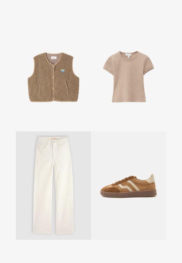 Chaleco de forro polar marrón con una textura suave, escote redondeado, cierre frontal de botones a presión y bolsillos laterales; presenta un pequeño parche con el logo.; Camiseta de algodón beige de manga corta con cuello redondo, costuras visibles y una etiqueta de tela en el cuello, colocada sobre un fondo blanco.; Vaqueros de pierna recta en color blanco roto con bolsillos delanteros, trabillas para el cinturón y cierre de botón sobre un fondo liso.; Zapatilla marrón de ante y pana con rayas onduladas beige, cordones y suela de goma sobre fondo blanco, vista lateral.