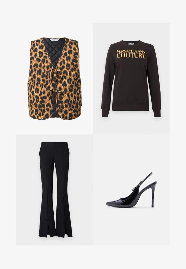 Quiltet leopardmønstret vest i brun og sort, med v-hals, bindelukning og to sidelommer. Struktureret stof med geometrisk mønster.; Sort langærmet sweatshirt med ribkant ved ærmer og underkant, med stor guldfarvet tekst "VERSACE JEANS COUTURE" tværs over brystet.; Sorte flagrende bukser lavet af et glat stof, med slids ved kanten der er bundet med sløjfer for ekstra detalje.; Sort laklæder højhælet slingback-sko med spids tå og justerbar spænde med mærke på hvid baggrund.