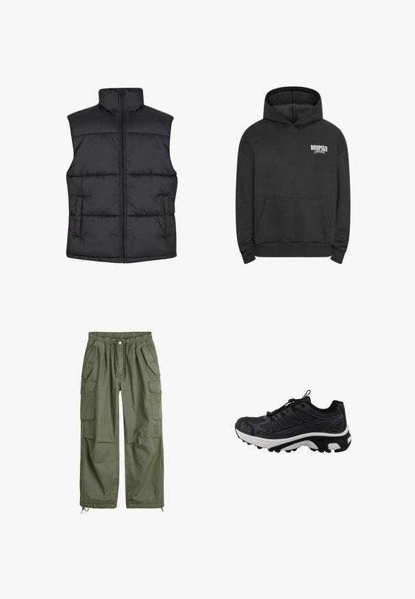 Gilet sans manches noir matelassé avec un col haut, fermeture éclair à l'avant et poches latérales, présentant une texture lisse et un design matelassé.; Haut à capuche noir en mélange de coton, avec une poche à l'avant, des poignets côtelés et un logo blanc sur la zone gauche de la poitrine. Design classique à enfiler.; Pantalons cargo vert olive avec une taille élastique, cordon de serrage, plusieurs poches latérales et des poignets fuselés. Fabriqués en coton durable.; Chaussure de sport noire et grise avec semelle blanche, dessus en mesh et système de laçage sécurisé, conçue pour la course en extérieur ou sur sentier.