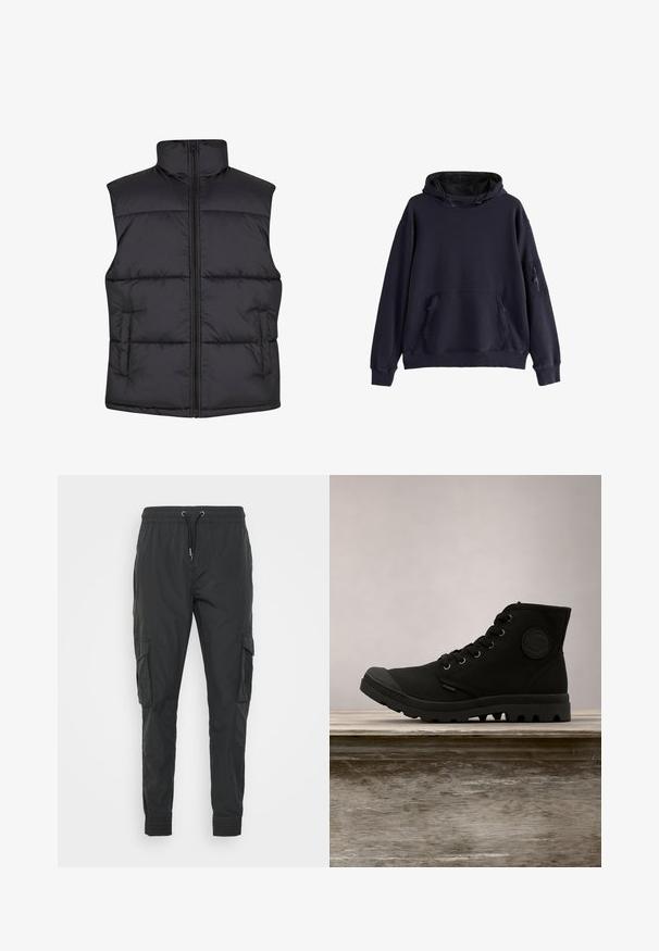 Chaleco sin mangas acolchado negro con un cuello alto, cremallera frontal y bolsillos laterales, que presenta una textura suave y un diseño acolchado.; Sudadera con capucha azul marino en un tejido suave, con un bolsillo tipo canguro delantero, capucha ajustable con cordón y un bolsillo con cremallera en la manga.; Pantalones cargo negros hechos de un tejido ligero, con una cintura ajustable con cordón, puños elásticos y dos bolsillos laterales.; Zapatillas altas negras con exterior de lona, punta de goma y suela texturizada. Presenta ojetes de metal y un detalle de logo circular en el costado.