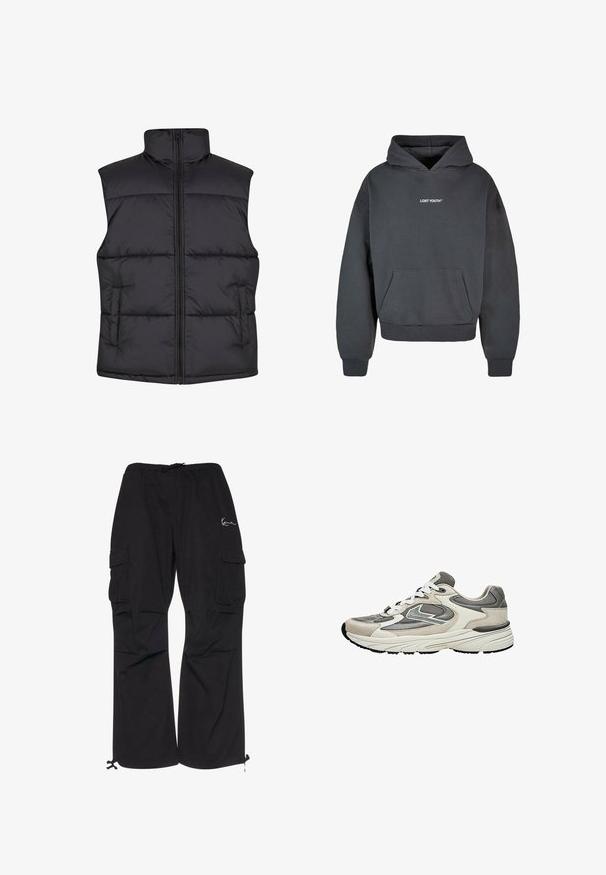 Zwarte gewatteerde mouwloze vest met een hoge kraag, een ritssluiting aan de voorkant en zijzakken, met een gladde textuur en een quiltontwerp.; Koolgrijze hoodie met kangoeroezak. Bevat geborduurd "LOST YOUTH™" logo in het wit op de borst. Zacht, textuurstof.; Zwarte cargobroek van lichtgewicht stof, met een elastische tailleband met koord, zijzakken en verstelbare manchetten.; Lichtgrijze en witte sportieve sneaker met mesh- en suèdepanelen, witte veters en een dikke gevoerde zool, zijaanzicht.