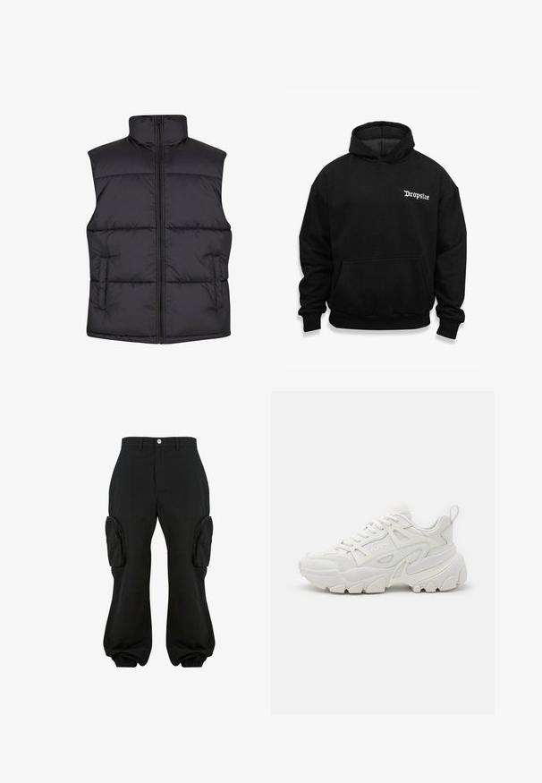 Sort polstret ærmeløs vest med høj krave, frontlynlås og sidelommer, der har en glat overflade og kviltet design.; Sort hættetrøje med kangaroo-lomme, prydet med hvid "Dropsize" tekst på venstre bryst, lavet af blødt stof med ribbede ærmer.; Sorte cargobukser med en afslappet pasform, der har to sidelommer, elastiske manchetter ved anklerne og en knaplukning i taljen.; Hvide atletiske sneakers med en struktureret overdel, netpaneler, fremtrædende gummisål og dekorative udsparinger på siden.