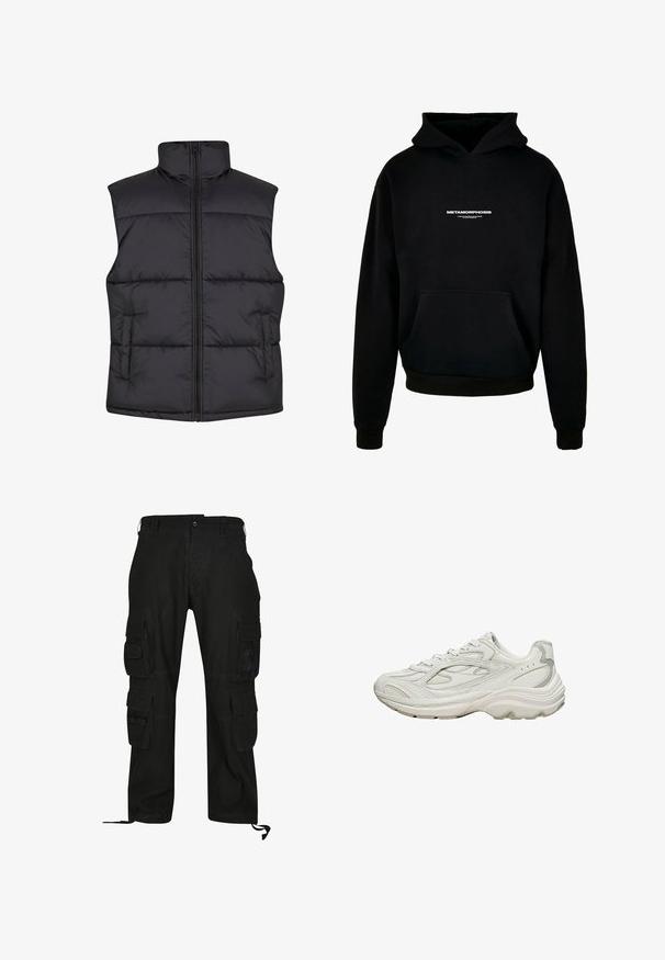 Gilet sans manches noir matelassé avec un col haut, fermeture éclair à l'avant et poches latérales, présentant une texture lisse et un design matelassé.; Haut à capuche noir en coton, doté d'une poche frontale, de poignets côtelés et d'un logo blanc "METAMORPHOSIS" sur la poitrine.; Pantalons cargo noirs en tissu durable, dotés de plusieurs poches latérales, d'une coupe décontractée et de sangles réglables aux chevilles.; Baskets blanches avec une tige texturée et une semelle épaisse. Elles présentent des lignes courbes, des accents gris subtils et un design à lacets.