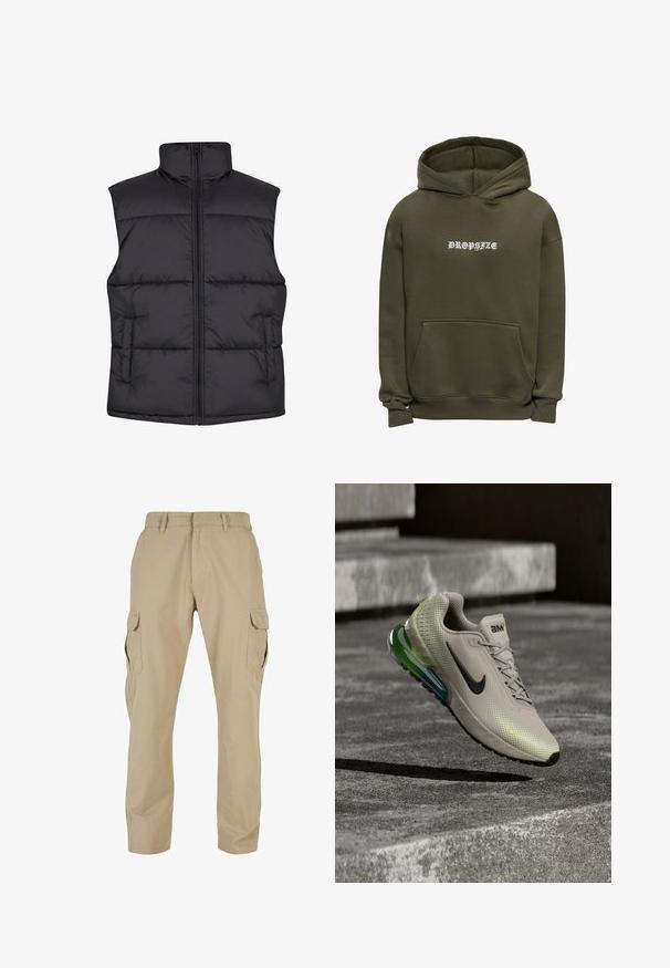 Chaleco sin mangas acolchado negro con un cuello alto, cremallera frontal y bolsillos laterales, que presenta una textura suave y un diseño acolchado.; Sudadera con capucha de color verde oliva, con bolsillo frontal y texto gótico blanco "DROPSIZE" centrado en el pecho.; Pantalones cargo beige de algodón twill, con múltiples bolsillos laterales, diseño de pierna recta y cierre con cremallera y pasadores para cinturón.; Zapatilla deportiva beige con parte superior texturizada, logo Swoosh negro, detalles en color lima y unidad de amortiguación visible en verde y azul.