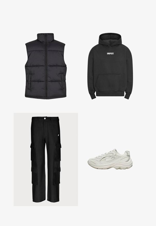 Sort polstret ærmeløs vest med høj krave, frontlynlås og sidelommer, der har en glat overflade og kviltet design.; Sort hættetrøje med kængurulomme, ribbede manchetter og kant, med "DROPSIZE" broderet i hvidt på den øverste del af brystet. Standard pasform.; Sorte cargo-bukser med løs pasform, flere sidelommer, knaplukning og en glat stofstruktur.; Hvid sneaker med en tekstureret overdel og en chunky sål. Den har buede linjer, subtile grå accenter og en snørelukning.
