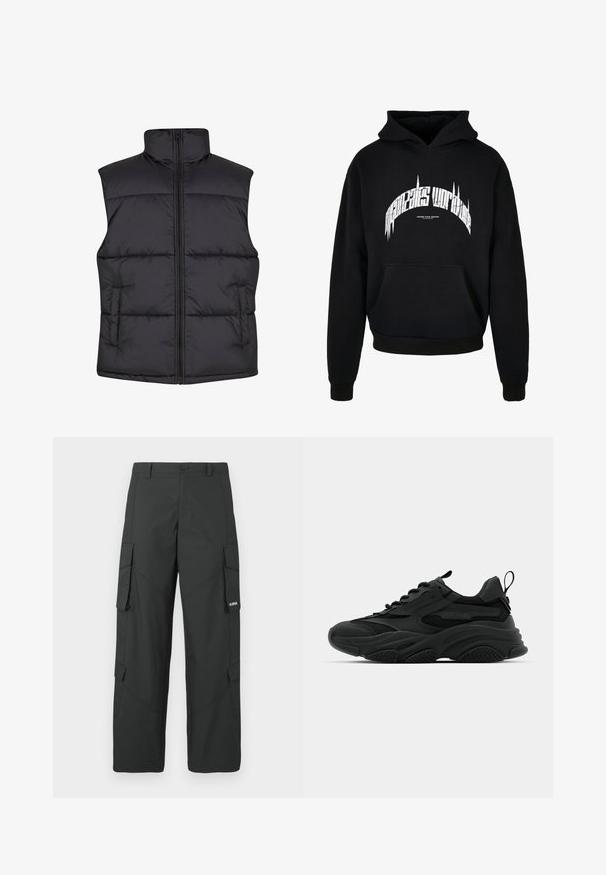 Sort polstret ærmeløs vest med høj krave, frontlynlås og sidelommer, der har en glat overflade og kviltet design.; Sort hættebluse med frontlomme. Har et hvidt tekstgrafik på brystet. Stoffet har en glat, varm tekstur.; Sorte straight-leg cargo bukser med sidelommer med klap, knaplukning, bæltestropper og et lille hvidt logo på klappen af højre lomme.; Sorte atletiske sneakers med en kraftig sål, meshpaneler og gummidetaljer. Har en trækflap ved hælen og strukturerede mønstre.