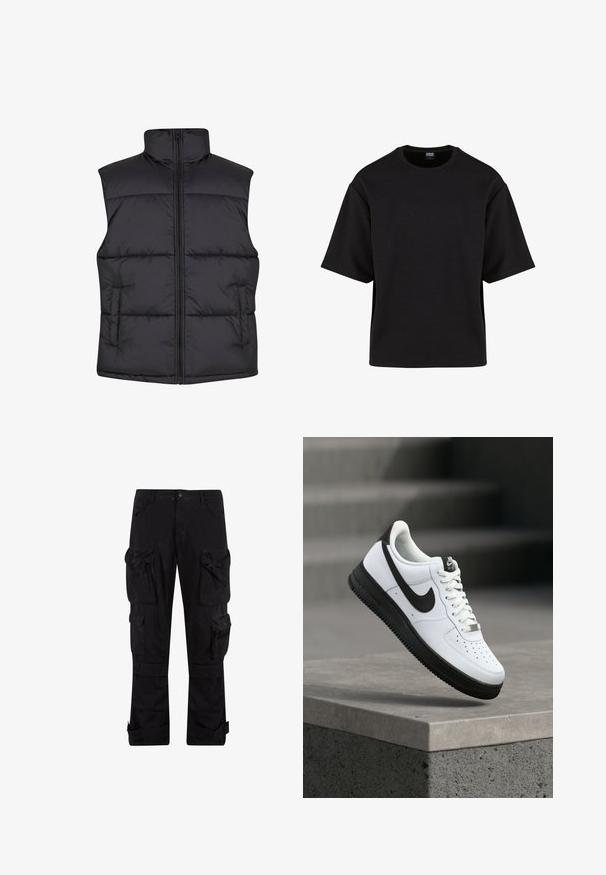 Sort polstret ærmeløs vest med høj krave, frontlynlås og sidelommer, der har en glat overflade og kviltet design.; Urban Classics SCUBA TEE - T-shirts basic - black; Sorte cargo-bukser lavet af slidstærkt stof, med flere lommer, lynlåslukninger og en afslappet pasform med justerbare manchetter ved anklerne.; Hvid lædersneaker med sorte detaljer, rundet tå og perforerede detaljer. Sort gummisål med tekstureret mønster og snørelukning.