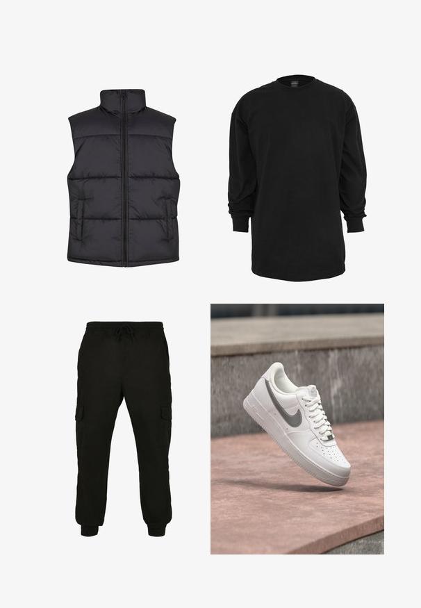 Sort polstret ærmeløs vest med høj krave, frontlynlås og sidelommer, der har en glat overflade og kviltet design.; Sort langærmet t-shirt lavet af bomuld. Har en rund halsudskæring og almindelig pasform. Glat tekstur uden synlige mønstre eller detaljer.; Sorte cargo bukser lavet af blødt stof, med elastisk talje og snøre, sidelommer og smalle manchetter.; Hvid Nike Air Force 1 sneaker med gråt swoosh-logo svævende over en stensurface og en grå stenvæg i baggrunden.