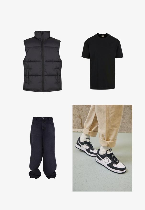 Sort polstret ærmeløs vest med høj krave, frontlynlås og sidelommer, der har en glat overflade og kviltet design.; Urban Classics SHORTSLEEVE - T-shirts basic - black; Sorte oversized løstsiddende jeans med knap- og lynlåsfrontlukning, forlommer og løse, brede ben.; Sorte og hvide Nike Air Force 1 sneakers med læderoverdel, perforeret tå og tekstureret såldetalje, båret med rullede beige bukser og hvide sokker.