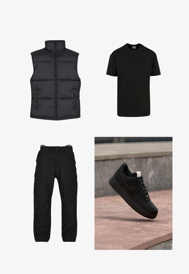 Sort polstret ærmeløs vest med høj krave, frontlynlås og sidelommer, der har en glat overflade og kviltet design.; Urban Classics SHORTSLEEVE - T-shirts basic - black; Sorte cargo bukser lavet af slidstærkt stof. Har flere lommer, en afslappet pasform og lynlås med knaplukning. Forstærket syninger ved sømmene.; Sort Nike Air Force 1 sneaker, der svæver over en lyserød betonforkant med en grå stenet baggrund, som viser sidde- og topdetaljer.