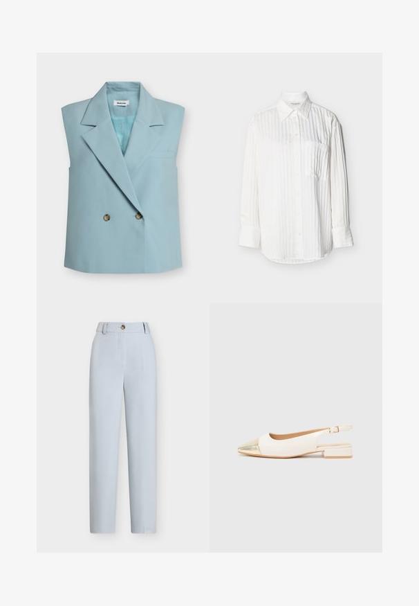 Veste sans manches bleu clair à double boutonnage avec larges revers et deux boutons, avec une petite poche poitrine.; Chemise blanche à manches longues avec des rayures verticales subtiles, col pointu, poche poitrine avant et poignets boutonnés sur fond uni.; Pantalon bleu clair sur mesure avec jambe droite, fermeture à boutons à l'avant et passants de ceinture à la taille.; Chaussure slingback blanche avec un bout pointu métallisé doré, talon bas, et texture en cuir lisse. Bride de cheville réglable pour un bon ajustement.