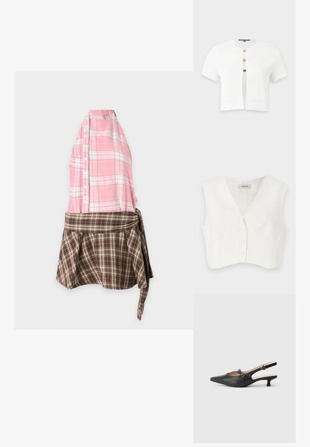 Witte cropped top met een V-hals, twee voorkruiszakken, vijf knopen en verticale textuurstrepen. Gemaakt van een gladde, lichte stof.; Witte kortemouwen ribgebreide cardigan met drie gouden gespknopen en decoratieve breipatronen op mouwen en zoom.; Mouwloze jurk met een roze geruite knoopsluitende top en een bruine geruite rok met een gestrikt taille detail, weergegeven op een eenvoudige achtergrond.; Zwarte leren slingback pump met puntige neus, kleine hak, open ontwerp en goudkleurige gespdetail op het bandje.