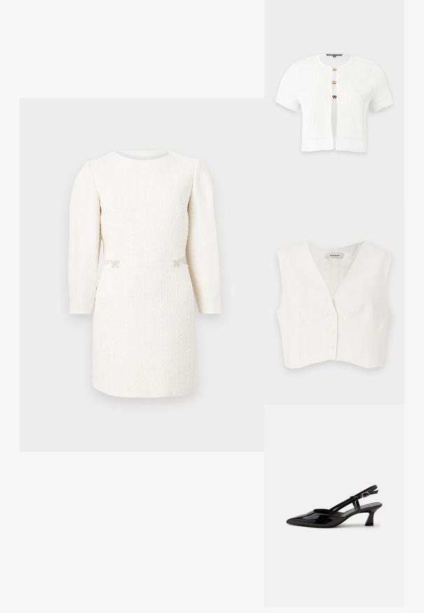 Hvid cropped top med v-udskæring, to frontlommer, fem knapper og lodrette teksturerede striber. Fremstillet af et glat, letstof.; Hvid kortærmet ribstrikket cardigan med tre guldspænder og dekorative strikkede mønstre på ærmer og kant.; Hvid tekstureret minikjole med lange ærmer, rund halsudskæring og dekorative små sløjfer i taljen på en ensfarvet baggrund.; Sort laklæderslingback med lille hæl, spids tå og justerbar guldlåsrem på hvid baggrund.