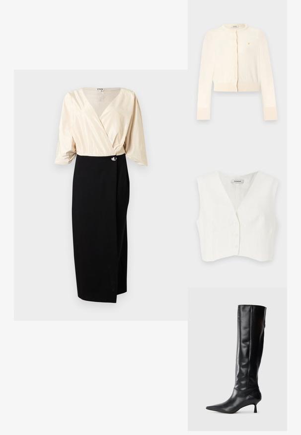 Hvid cropped top med v-udskæring, to frontlommer, fem knapper og lodrette teksturerede striber. Fremstillet af et glat, letstof.; Kremfarvet cropped cardigan med lange ærmer, rund halsudskæring, knapper foran, ribstrikkede ærmekanter og kant, samt et lille gyldent broderet logo på brystet.; Kremfarvet slå-om-bluse med 3/4-ærmer kombineret med høj talje sort midinederdel med asymmetrisk frontoverlæg og sølvknap.; Sorte læder knæhøje støvler med spids tå og slank buet hæl. Glat tekstur, tætsiddende design og ingen synlig hardware eller mønstre.