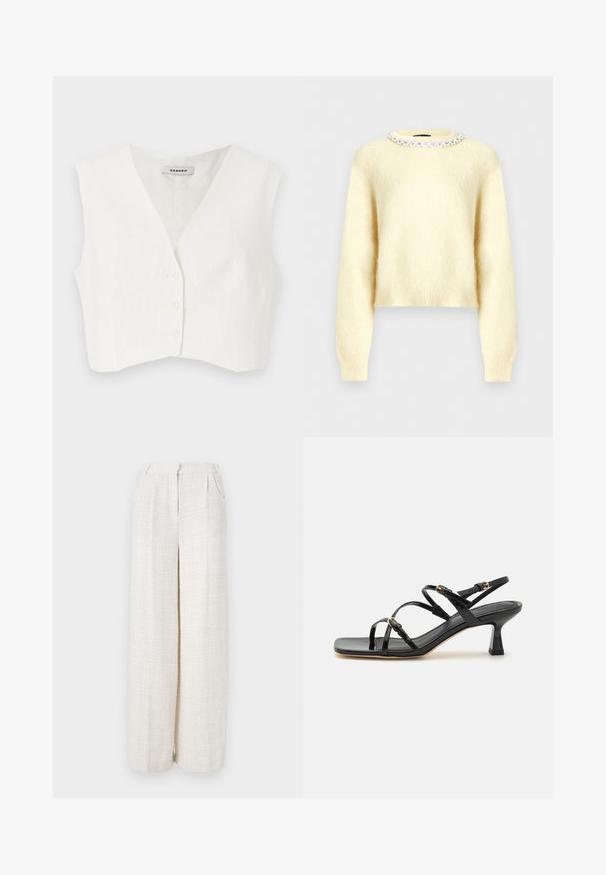 Hvid cropped top med v-udskæring, to frontlommer, fem knapper og lodrette teksturerede striber. Fremstillet af et glat, letstof.; Flødefarvet, blød sweater med lange ærmer og en rund halsudskæring dekoreret med en række klare, runde perler.; Vide ben bukser i et lyst beige stof med et struktureret, vævet mønster. Har en frontlinning og ingen synlige lukninger.; Sorte lakerede sandaler med stropper, kvadratisk tå og en lav blokhæl. Udstyret med guldfarvet hardware og justerbare ankelremme.