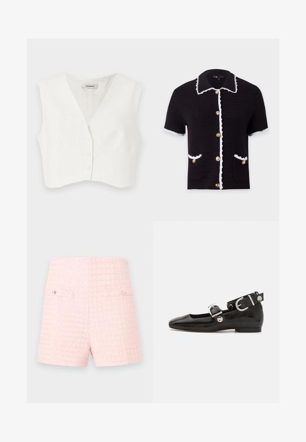 Hvid cropped top med v-udskæring, to frontlommer, fem knapper og lodrette teksturerede striber. Fremstillet af et glat, letstof.; Sort kortærmet strikket cardigan med hvide kanter, guldknapper foran, to forlommer og en bred krave med hvide kanter.; Lyserøde højtaljede shorts i tweed med et subtilt ternet mønster og to forlommer med klap, hver dekoreret med en lille perleknap.; Sorte patenteret lædersko med firkantet tå, ankelrem med sølvhardware og flad sål. Glat tekstur med minimalistisk design.
