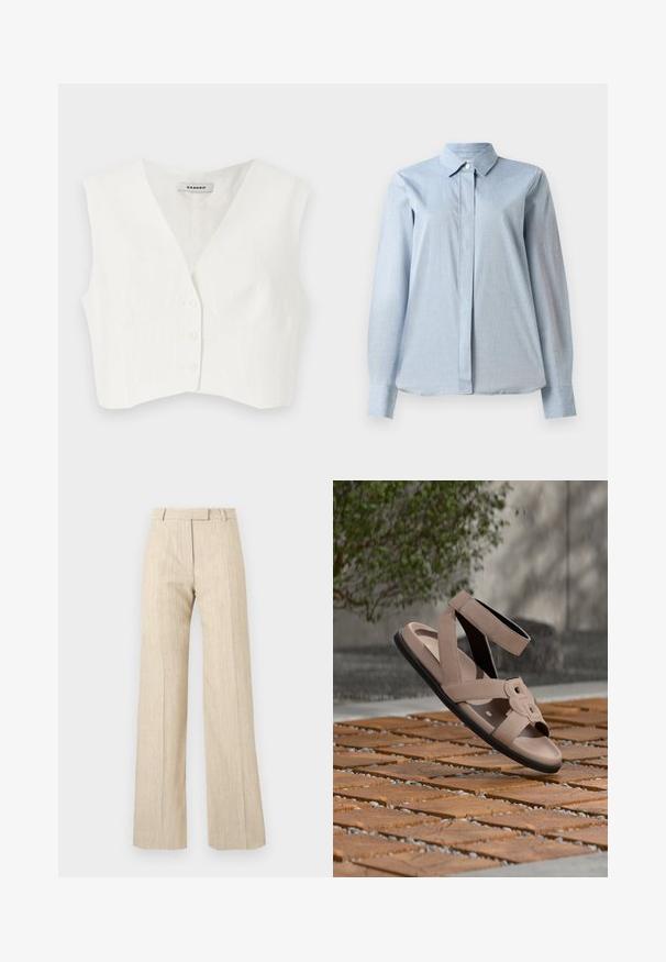 Hvid cropped top med v-udskæring, to frontlommer, fem knapper og lodrette teksturerede striber. Fremstillet af et glat, letstof.; Lysblå skjorte med knaplukning, der har krave, lange ærmer, en frontplacket og en glat stofstruktur. Nederkanten er let buet nederst.; Beige vidt ben bukser med høj talje, bæltestropper og forreste folder, lavet af tekstureret stof.; Beige sandal med krydsremdesign, tekstureret overdel og flad sort sål, der har en dekorativ spænde foran.
