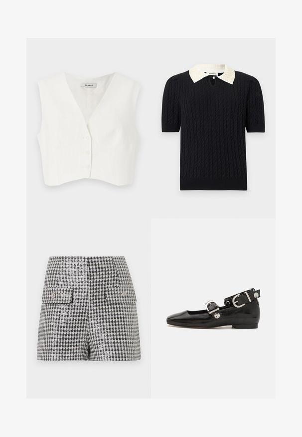 Top blanc court avec un décolleté en V, deux poches avant, cinq boutons et des rayures verticales texturées. Fabriqué en tissu lisse et léger.; Haut noir en maille à manches courtes avec motif torsadé, doté d'un col pointu blanc orné de perles et d'une petite ouverture frontale avec bouton.; Mini-jupe à motif pied-de-poule noir et blanc avec deux poches avant à rabat et boutons décoratifs.; Ballerine en cuir verni noir avec un bout carré, sangle de cheville avec des détails en métal argenté et semelle plate. Texture lisse avec un design minimaliste.